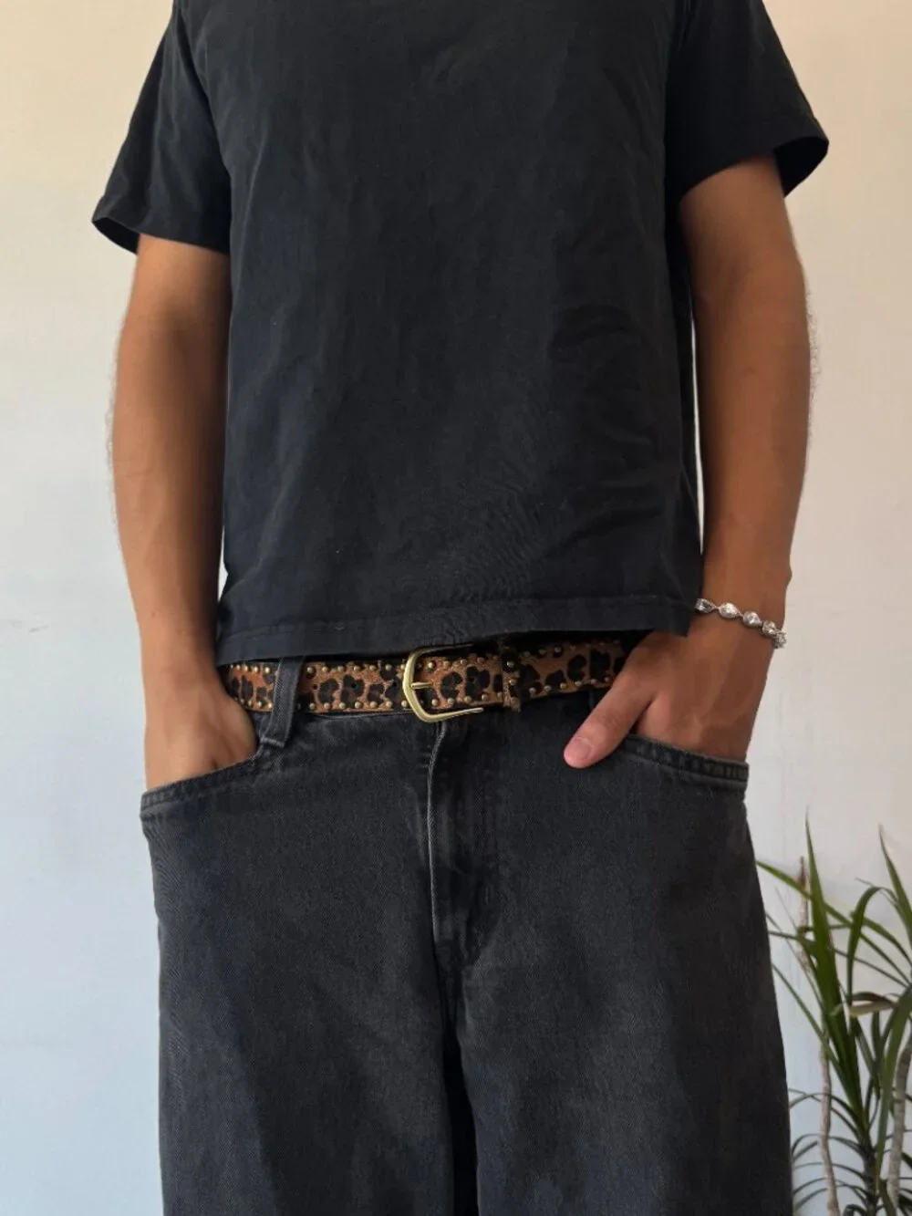 Brown Leopard Studded Brass Buckle Belt